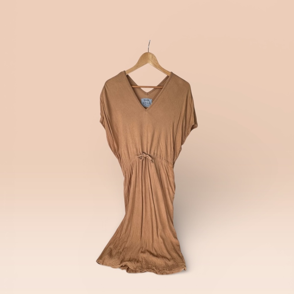 Tonle Ethically Sourced Butterscotch Tan Dolman Sleeve Cinch Waist‎ Dress Sz S